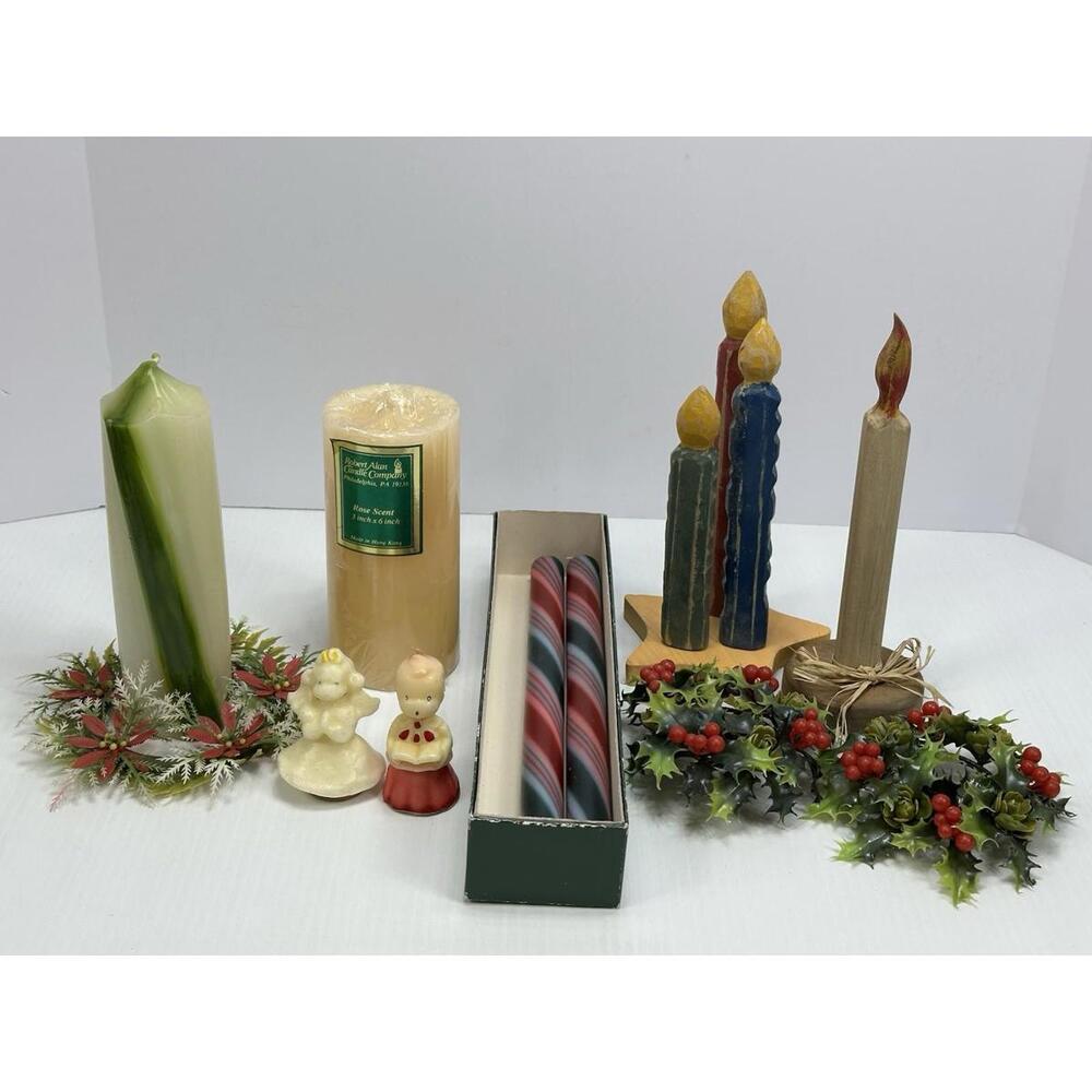 Vintage Lot Christmas Holiday Seasonal Candles Holly 2 Gurley Candle Pillar